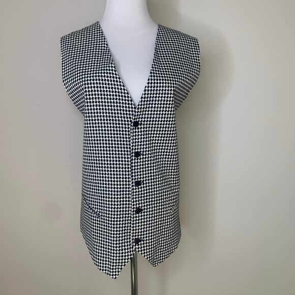 Vintage Jackets & Blazers - Vintage Black White Herringbone Vest Lined Sz XL